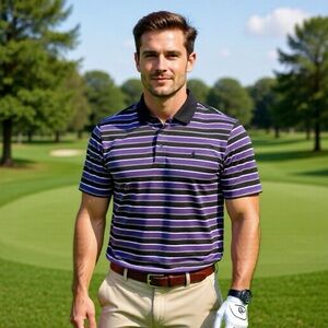 FJ Footjoy Golf Polo Shirt Mens Size Medium Purple Stripe Collared Stretch